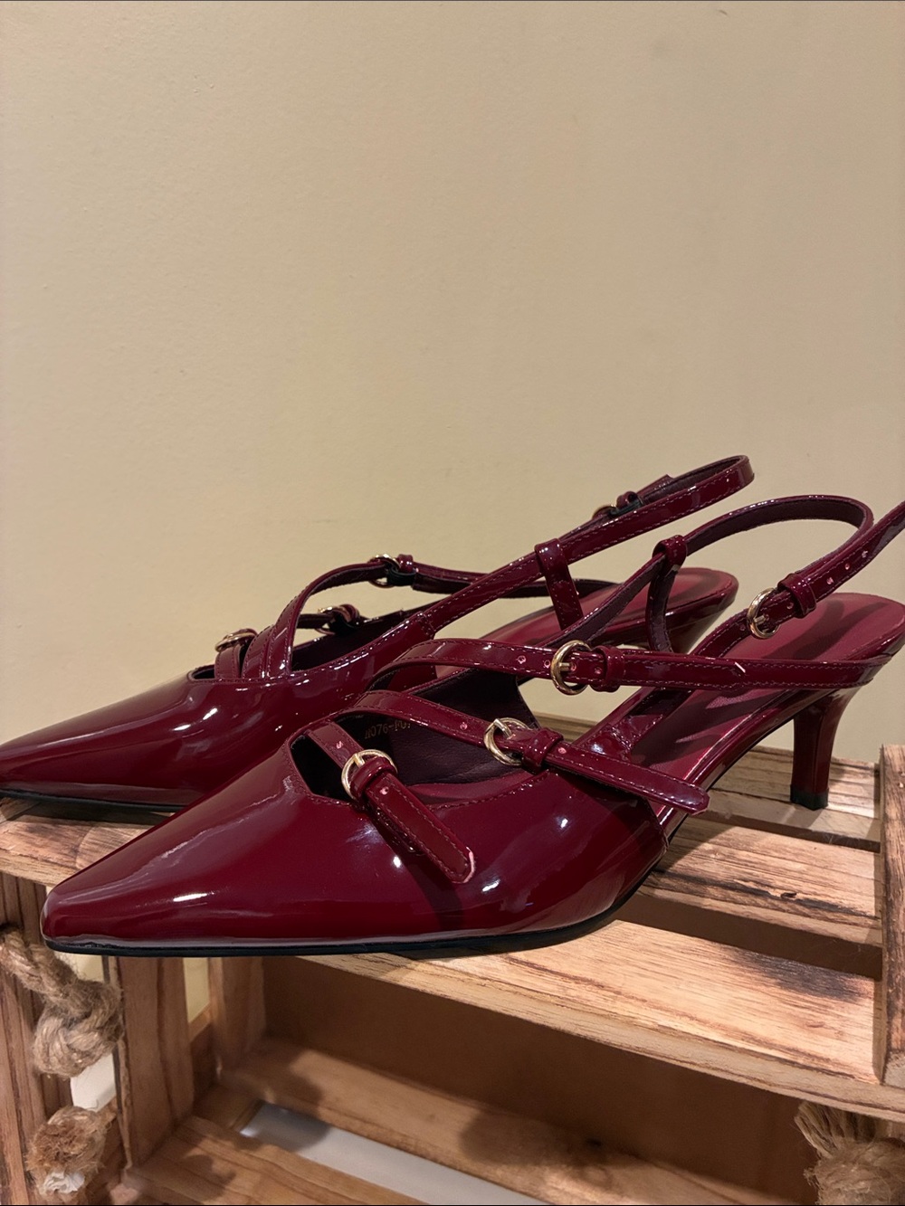 Burgundy Patent Slingback kitten Heel with pointed toe and multi buckle straps